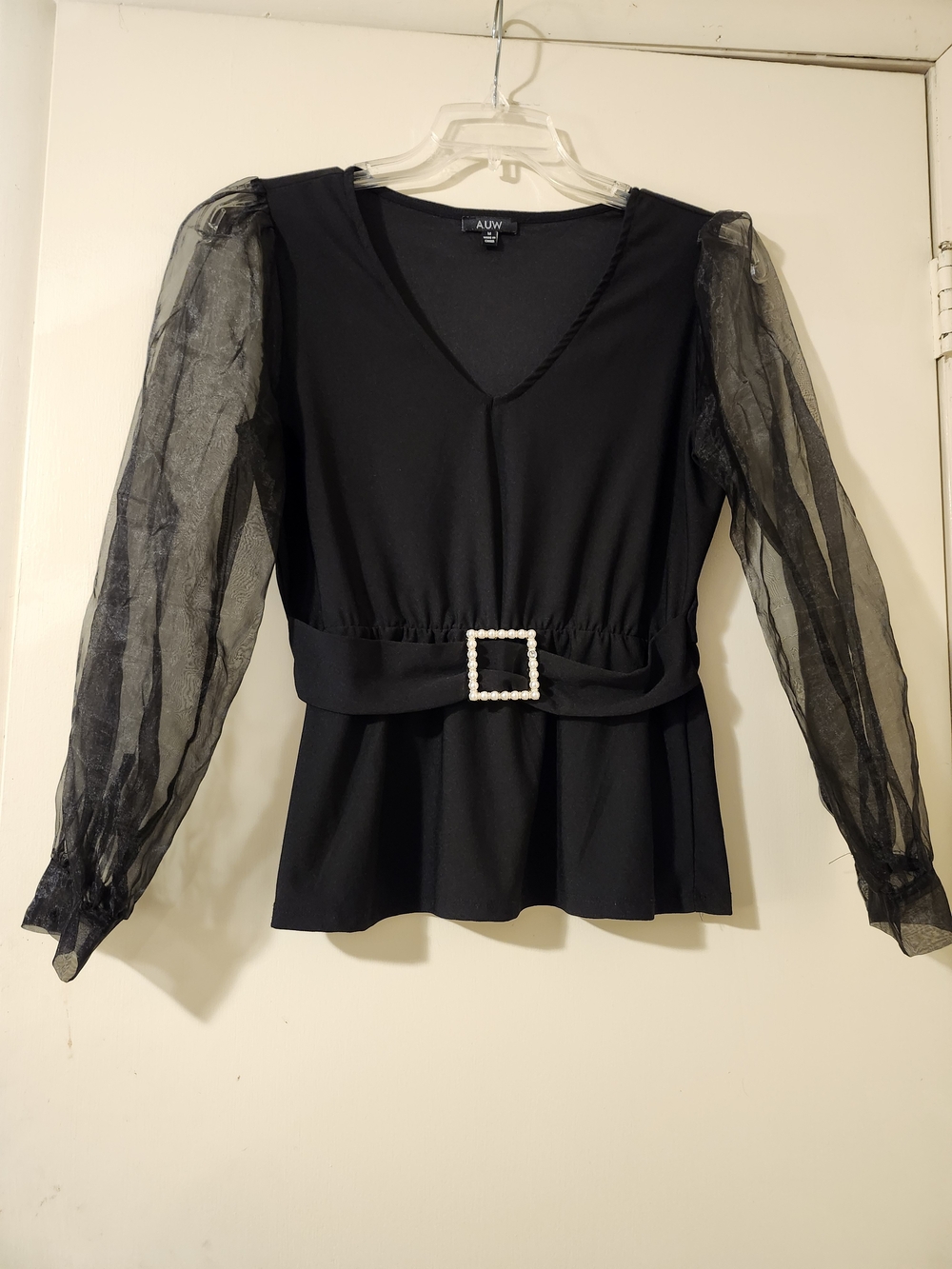 AUW Black V-Neck Peplum Top with Sheer Puff Sleeves and Pearl Buckle Accent